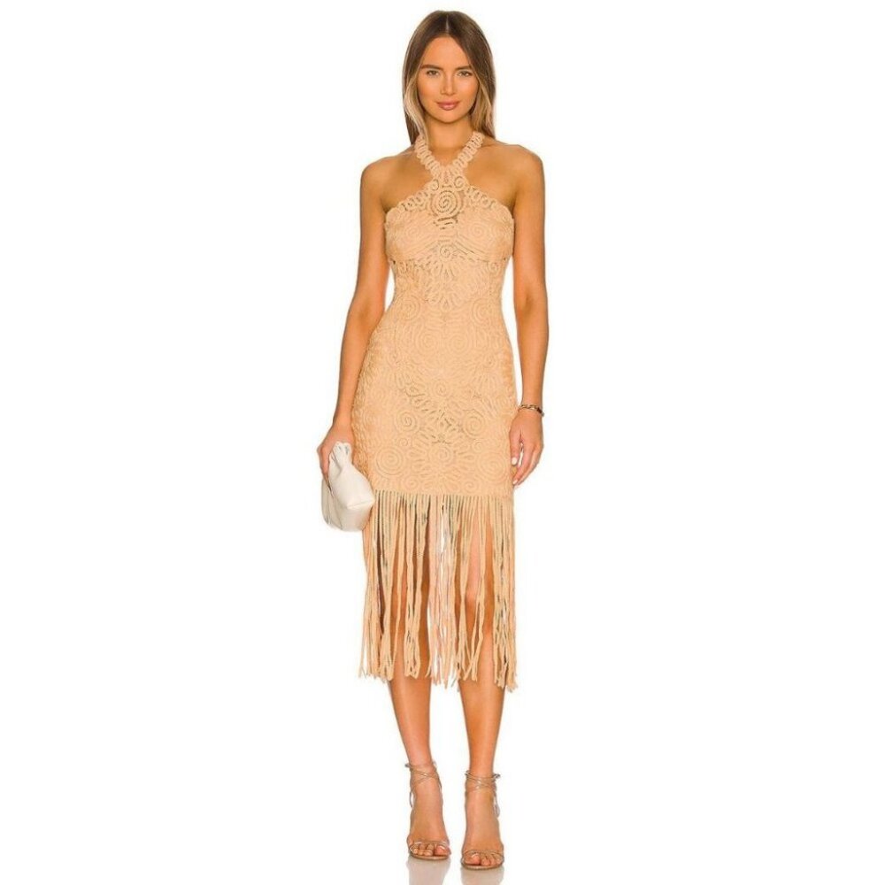 Jonathan Simkhai Alisa Embroidered Midi Fringe Dress Rattan / Size US 10
